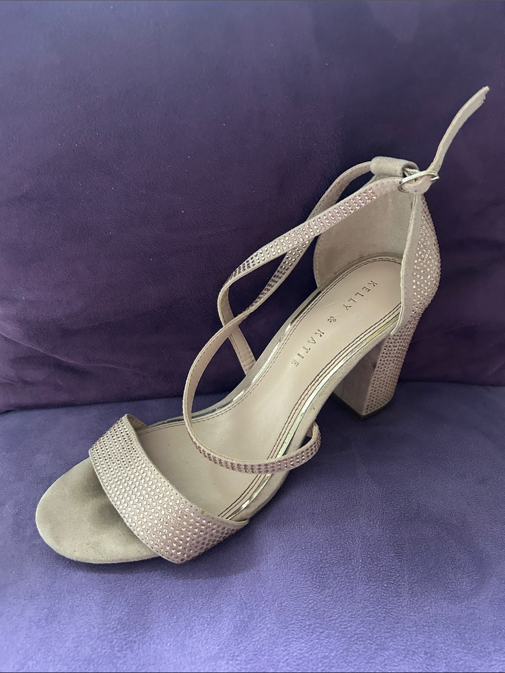 Kelly & Katie Taupe Rhinestone Strap Block Heel Sandals